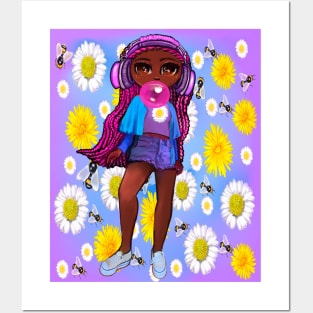 Beautiful Brown skin African American girl with Afro hair in 4 puffs blowing bubblegum and wearing headphones listening to music. Black girls rock, black girl magic,melanin poppin queen anime girl drawn in manga style Posters and Art